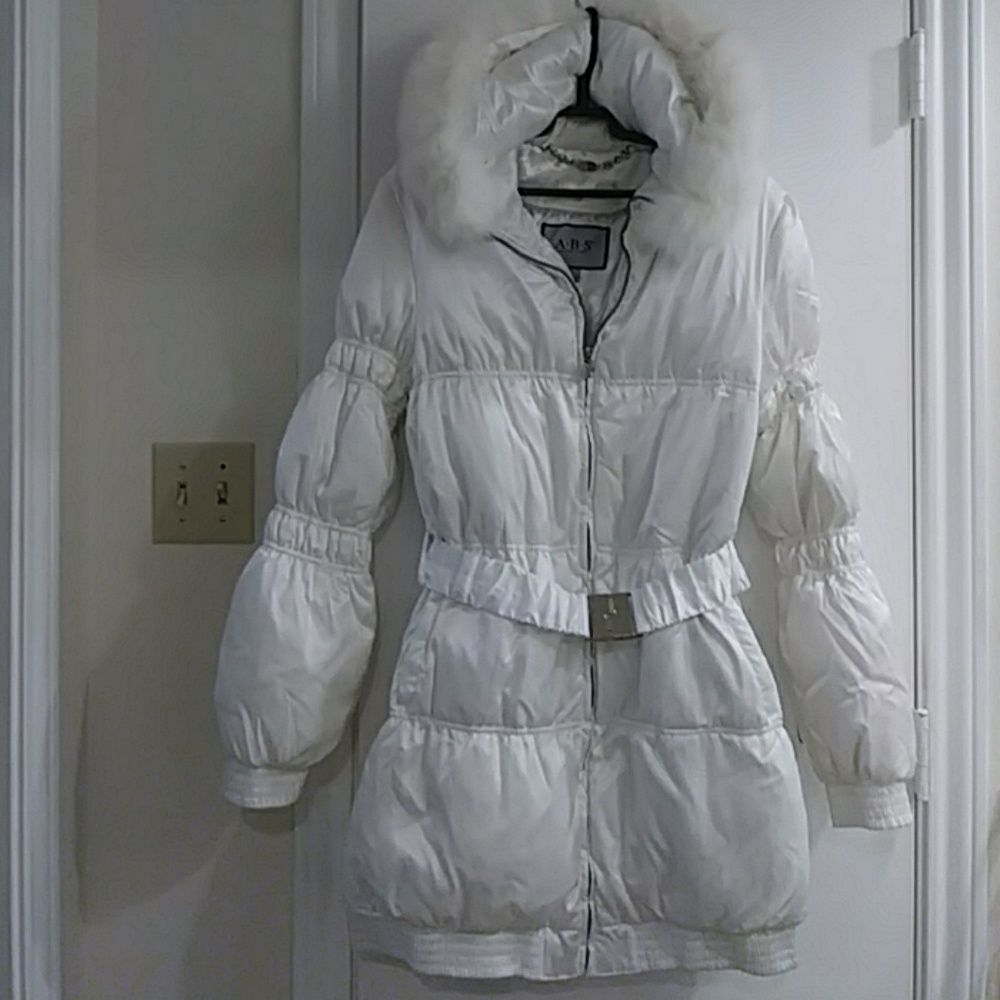 White Down Winter Coat with Hood & Fur Trim